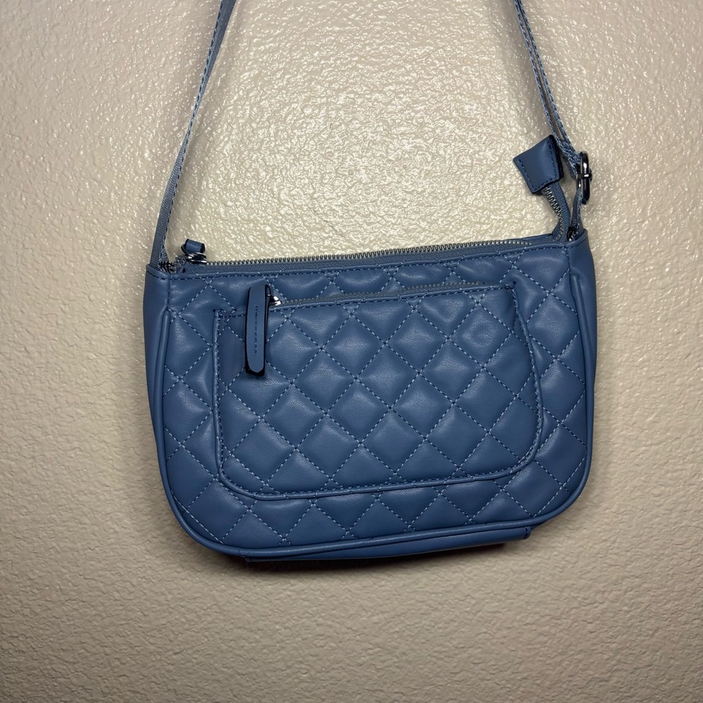 Blue Quilted Faux Leather Shoulder Bag with Front Pocket